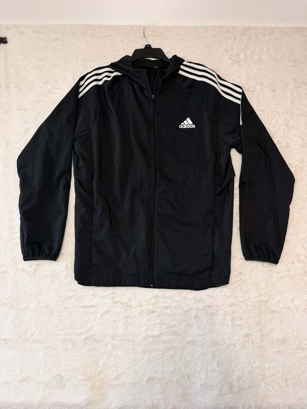 Adidas Hooded Windbreaker Size L Black White 3-Stripes Jacket DT4643